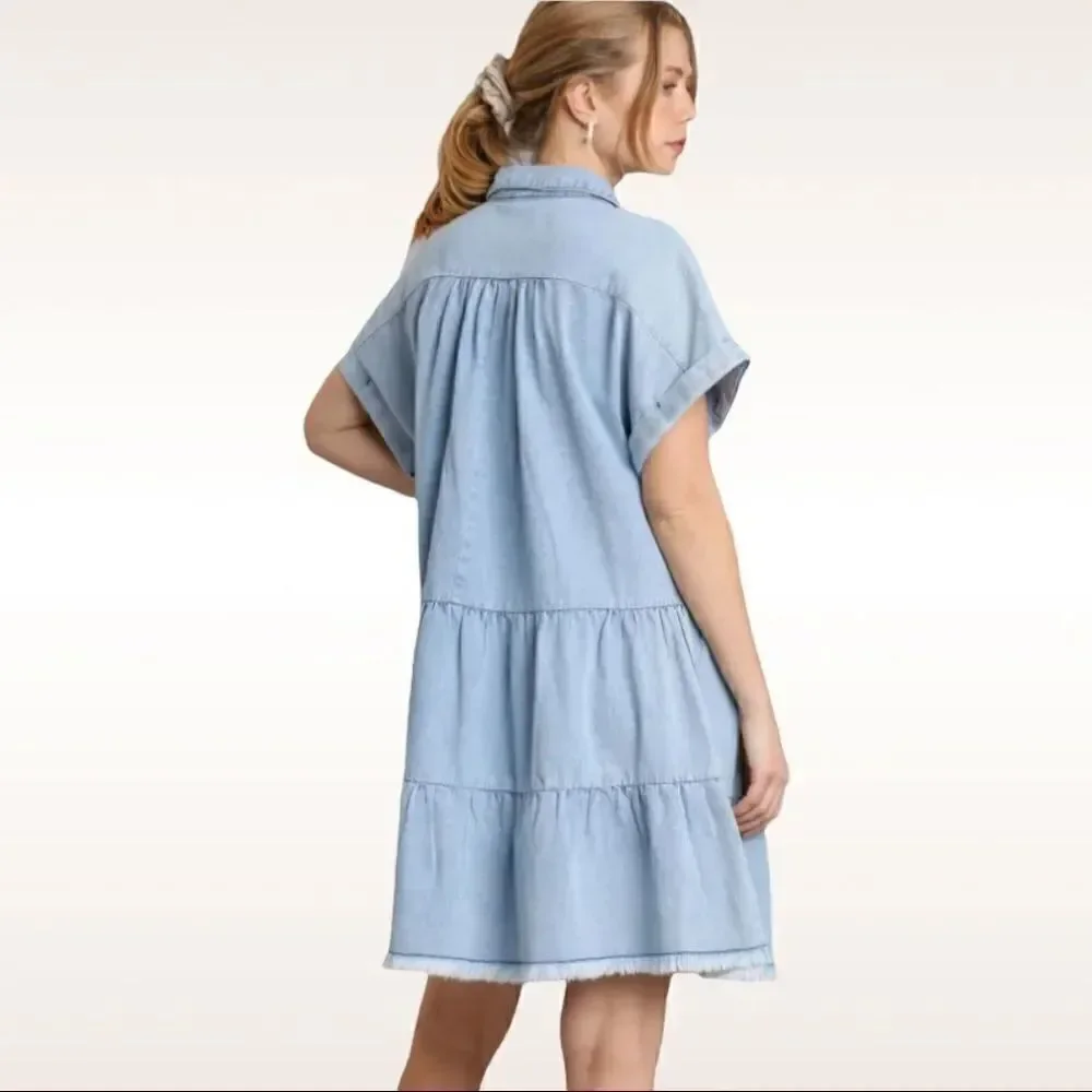 Umgee Ruffle Tiered Denim Dress with Frayed Hem NWT